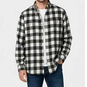 Banana Republic Factory Untucked Fit Mens Medium Gray White Plaid Shirt